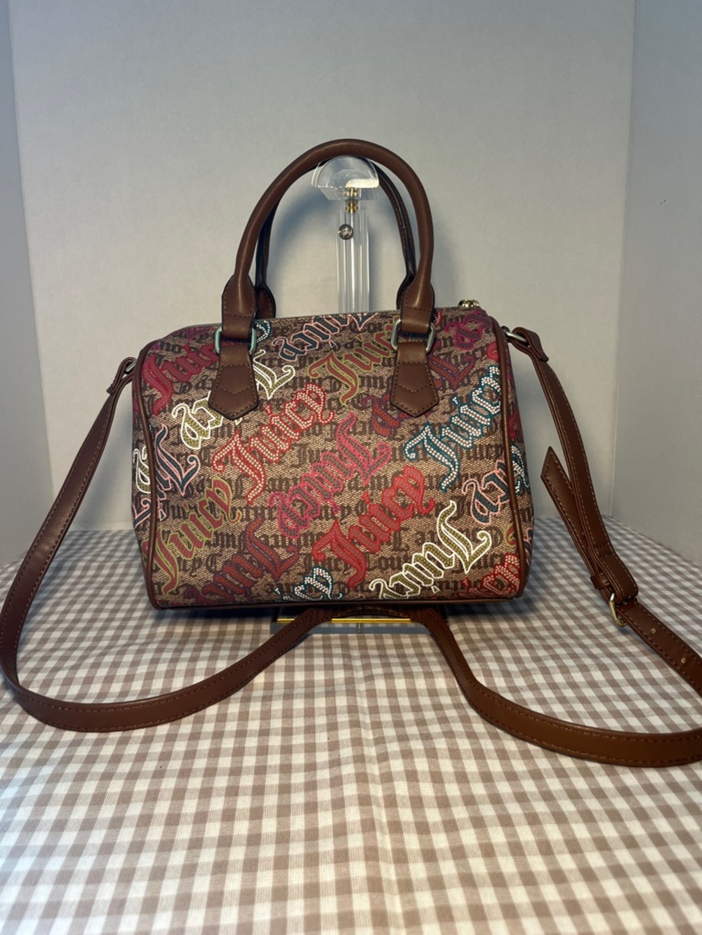 Juicy Couture Speedy Satchel Crossbody in Chestnut and Monogrammed Background